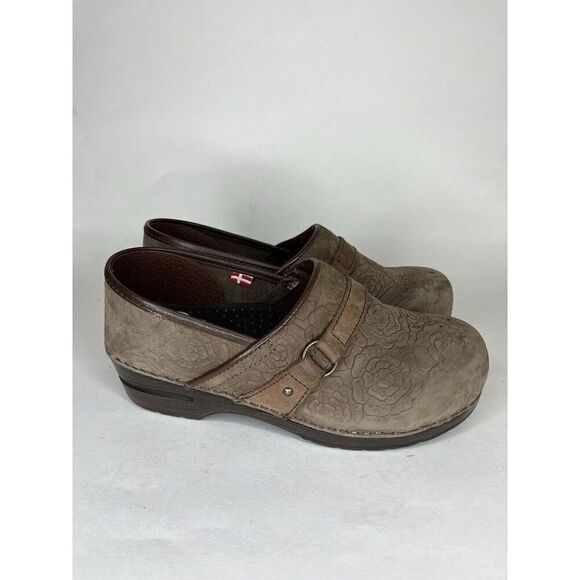 Sanita Shoes Clogs Women Size 40 US 9 Brown Leather Floral - Picture 5 of 15